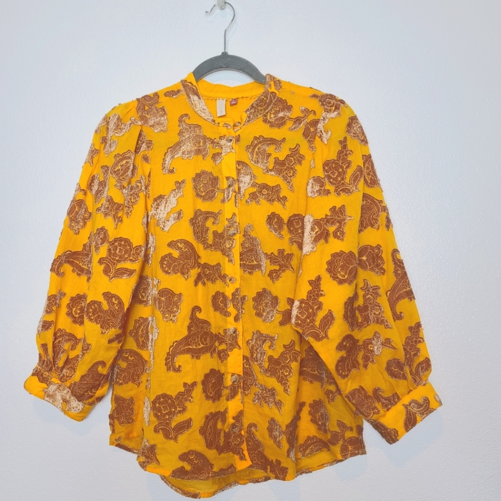 Anthropologie Pilcro Velvet Floral Appliqued Blouse Top In Gold Yellow - Picture 4 of 9